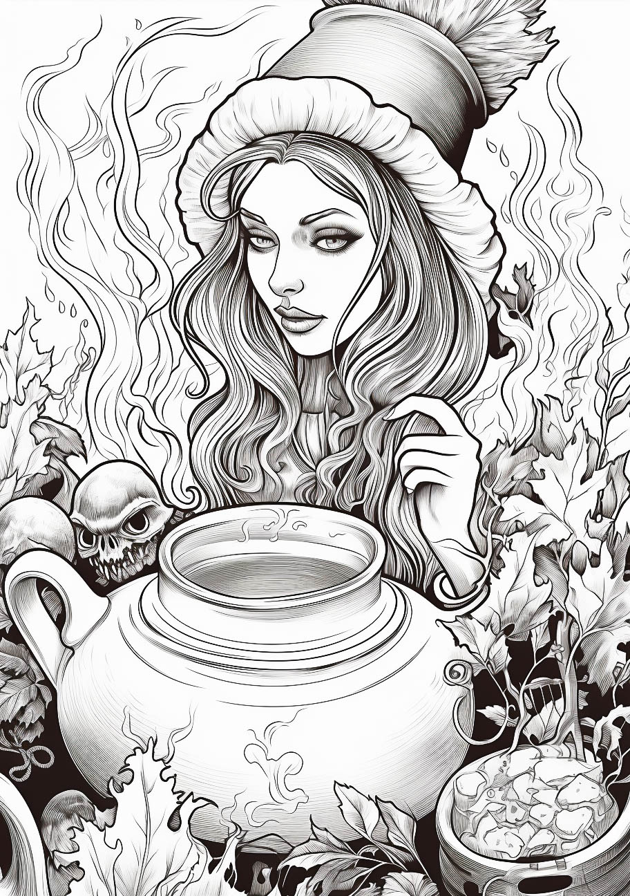 Intricate black and white line drawing of a witch with a cauldron and autumn leaves, perfect for adult Halloween coloring.