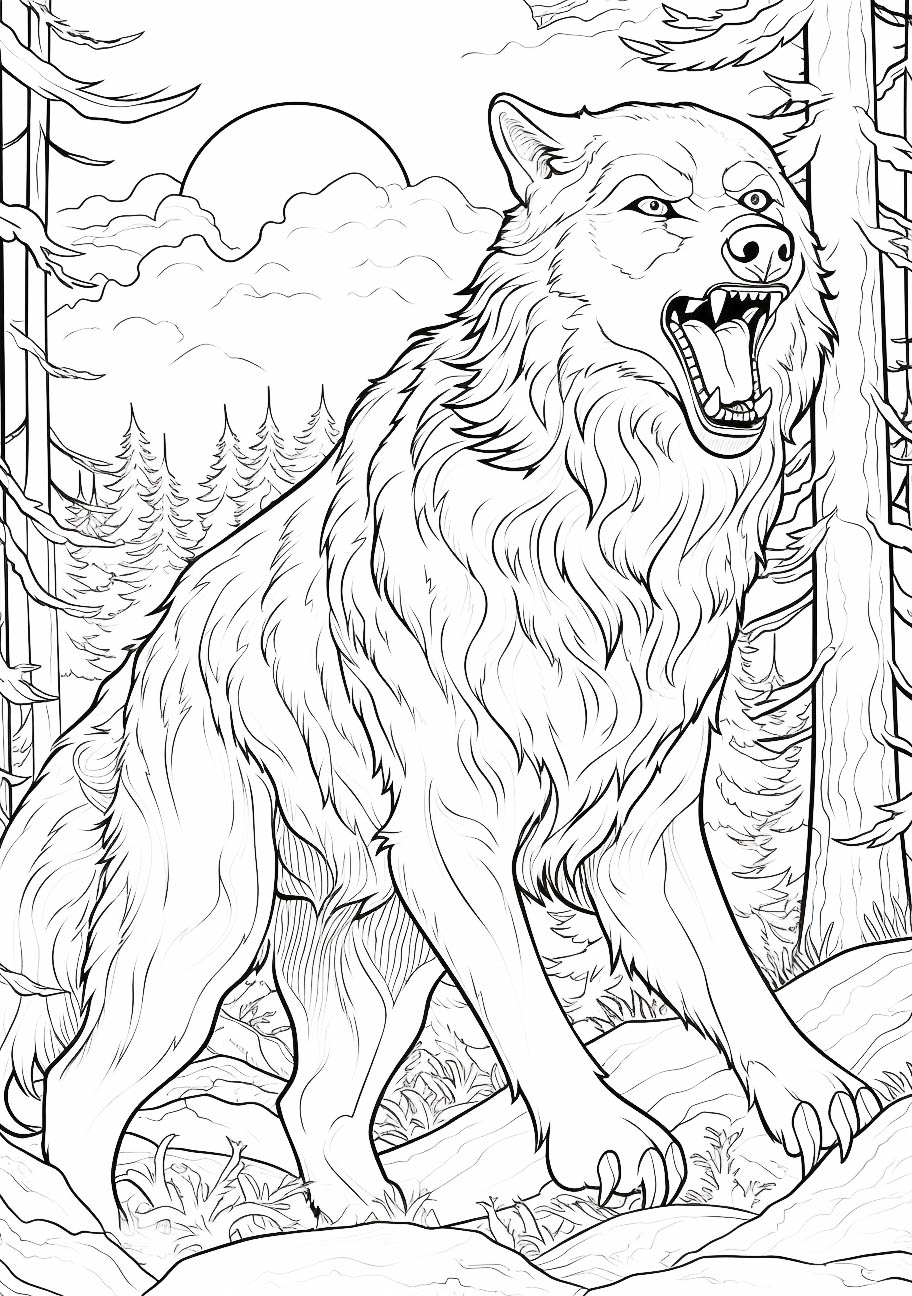 An imposing werewolf howls at the moon in a dense forest setting, a moment frozen in time for a Halloween adult coloring page.