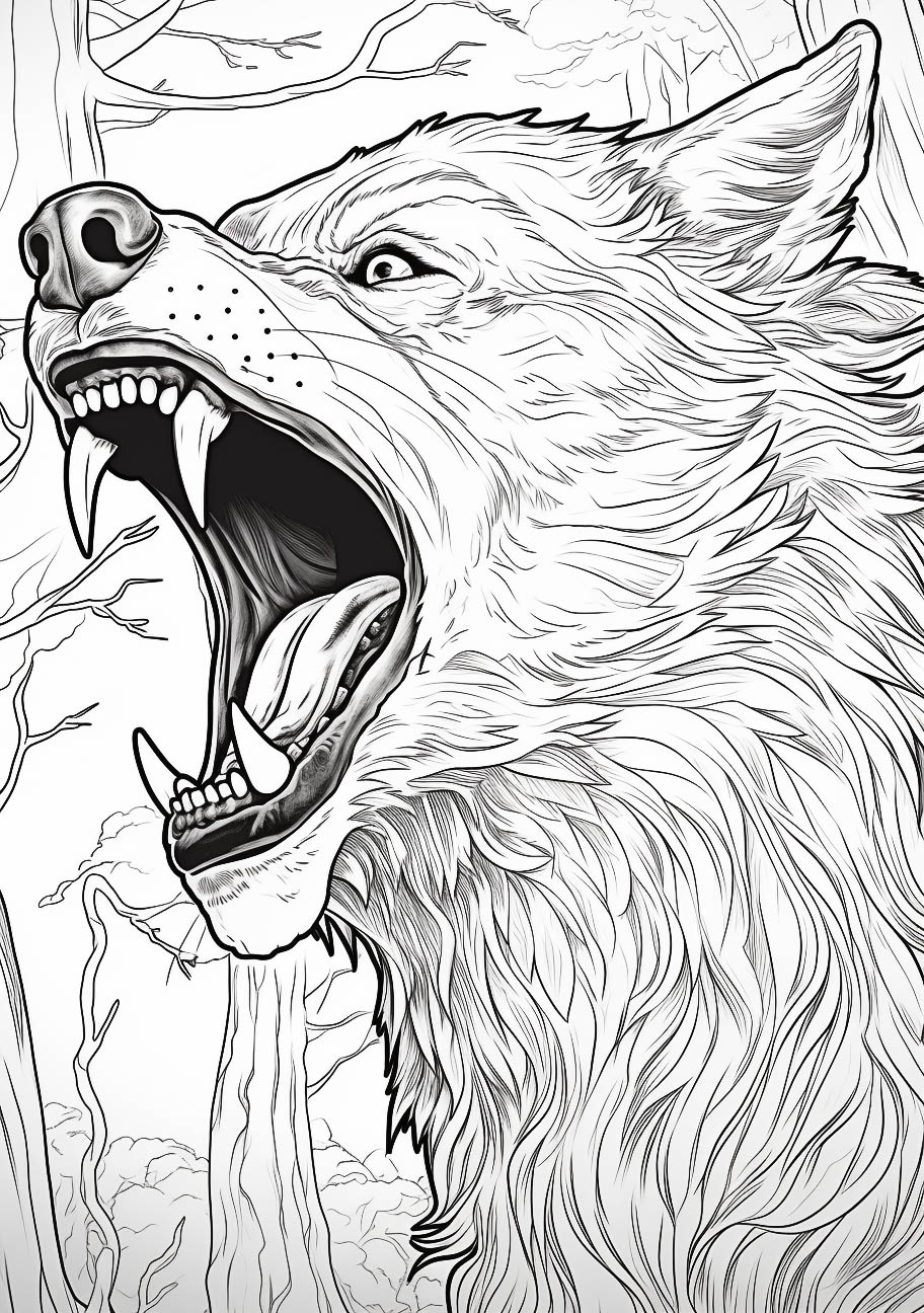 Ferocious werewolf howling under the moon, a captivating adult Halloween coloring page.