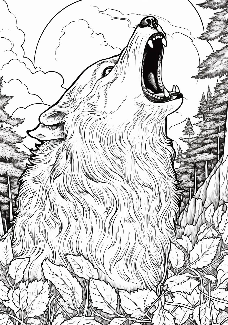 Adult coloring page featuring a howling wolf with a detailed forest and moon background, perfect for Halloween.