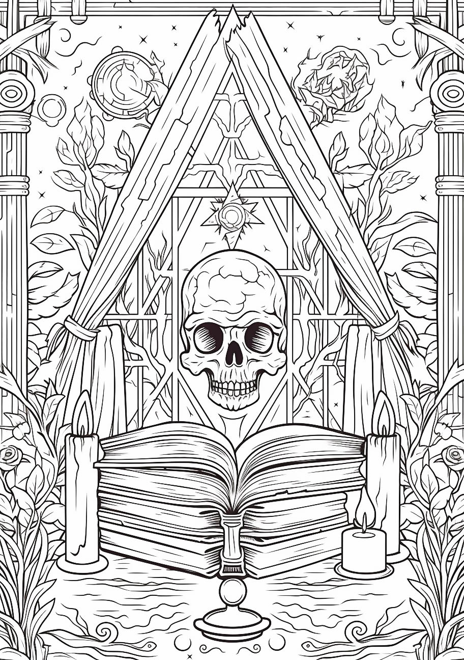 Intricate Halloween adult coloring page featuring a skull, open book, and mystical symbols.