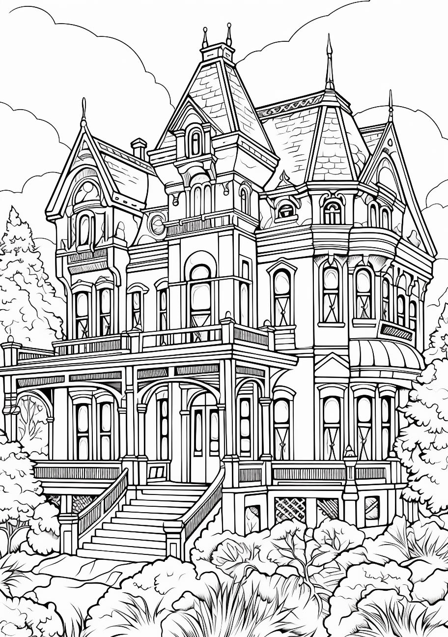 Victorian haunted house adult coloring page with intricate details for a chilling Halloween activity.