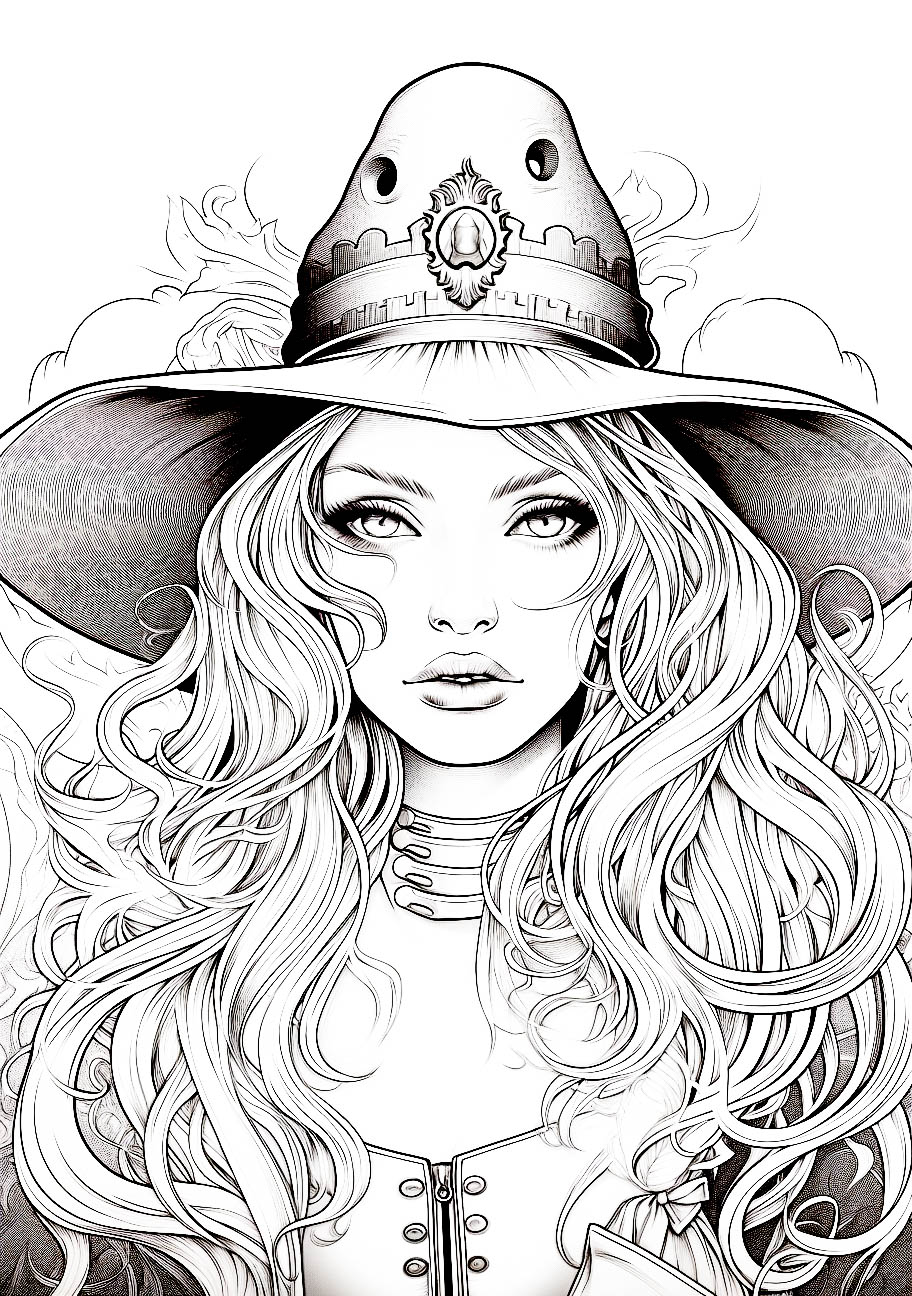 A mysterious sorceress with ornate details in a Halloween line drawing for adults.