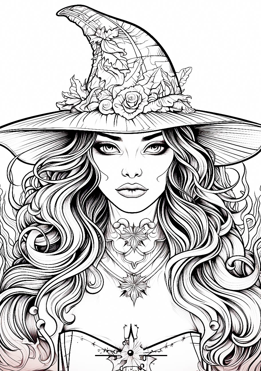 An enchanting witch with flowing hair and a detailed hat adorns this Halloween-themed line art.