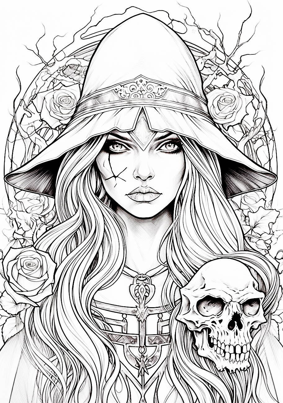 A mysterious sorceress with a skull and ornate details in a Halloween line drawing for adults.