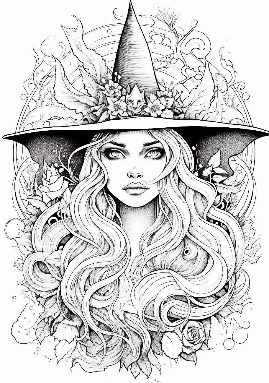 Enchanting witch portrait with a detailed hat, a Halloween coloring page designed for adults.