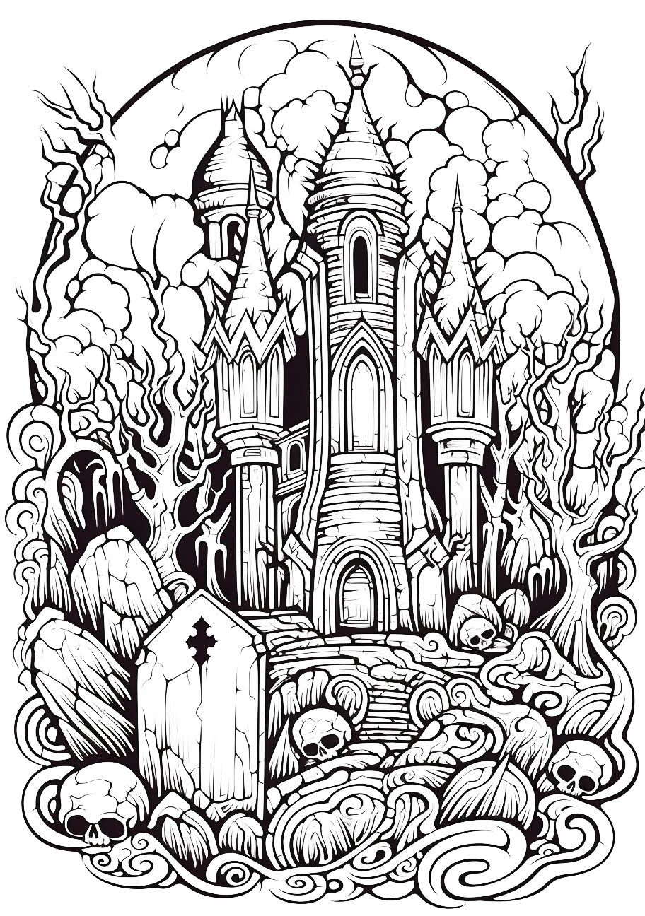 A haunting castle amidst a spooky graveyard encircled by gnarled trees and swirling fog, with skulls scattered around the tombstones.