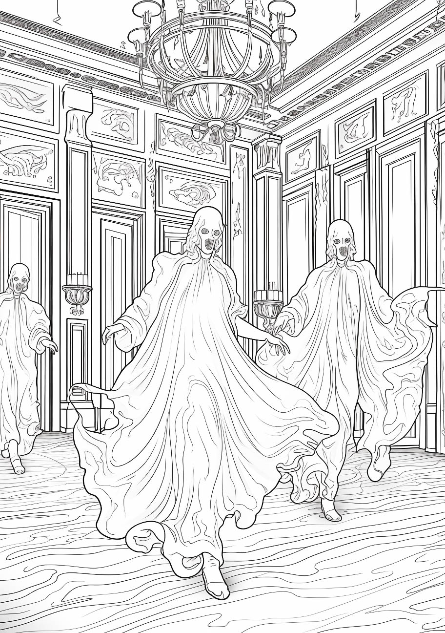 Spectral apparitions floating through an ornate mansion's halls, an intricate adult Halloween coloring page.