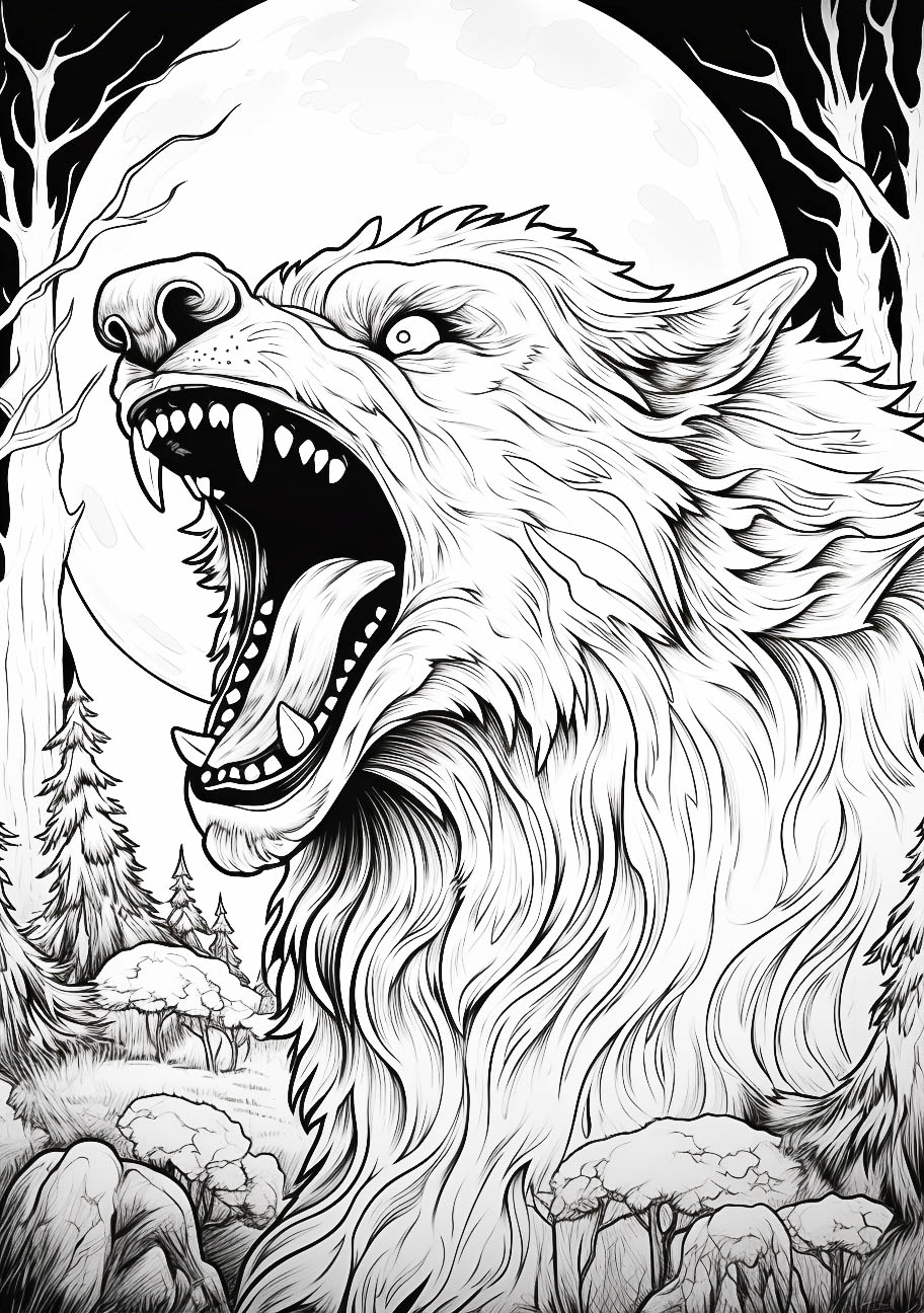 Ferocious werewolf howling at the moon, a Halloween coloring page designed for adults.