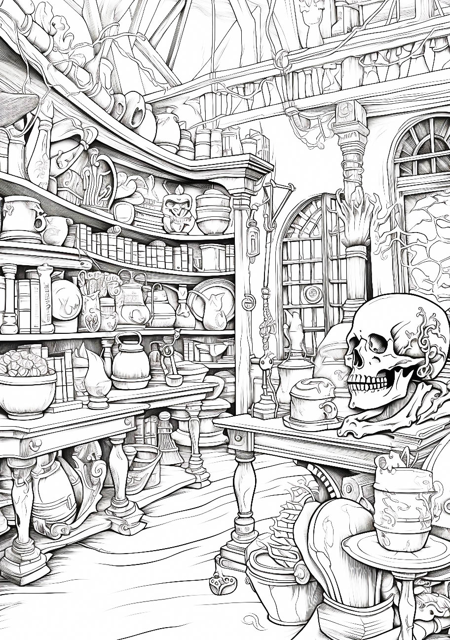 Detailed Halloween coloring page for adults showcasing a magical apothecary with a skull, potions, and mystical items.