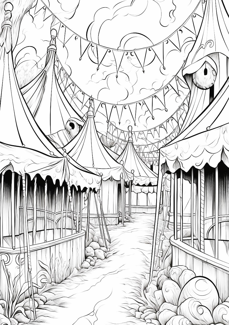 A deserted carnival scene with tents and banners, designed as a Halloween-themed adult coloring page.