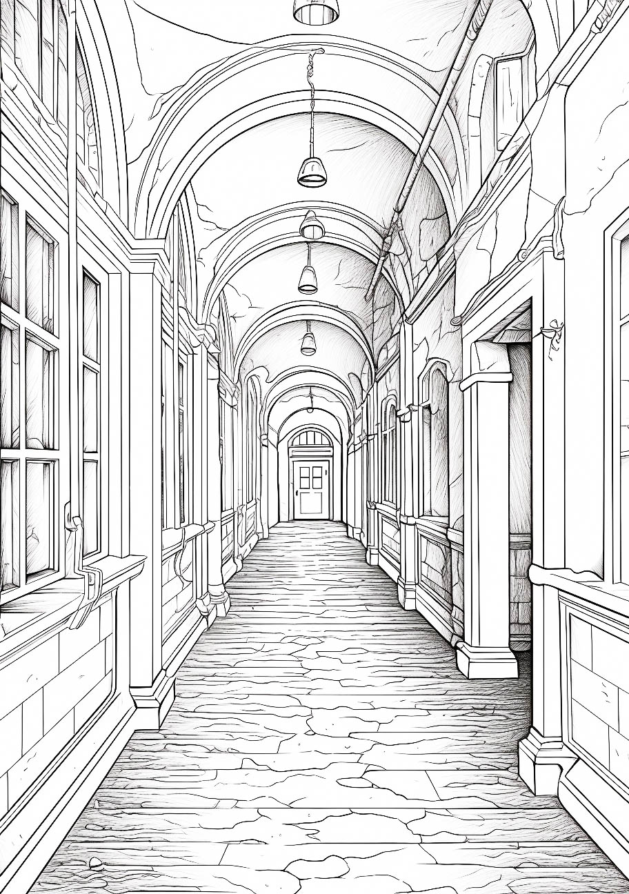 A detailed drawing of an eerie, deserted corridor with arches and hanging lights, inviting adults to add a touch of Halloween horror through coloring.