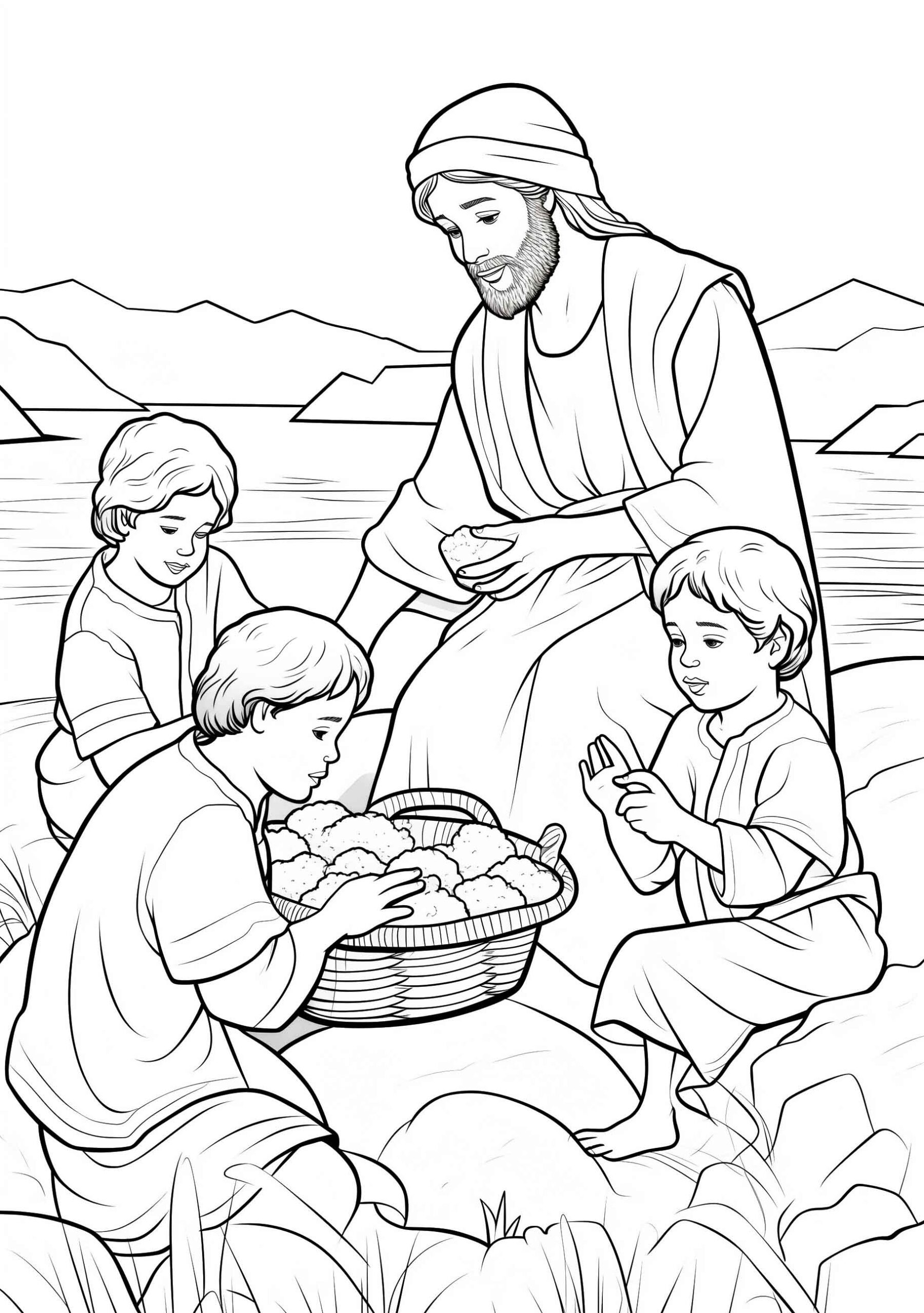 Jesus sharing food with children by the lakeside in a Jesus Feeds 5000 coloring page
