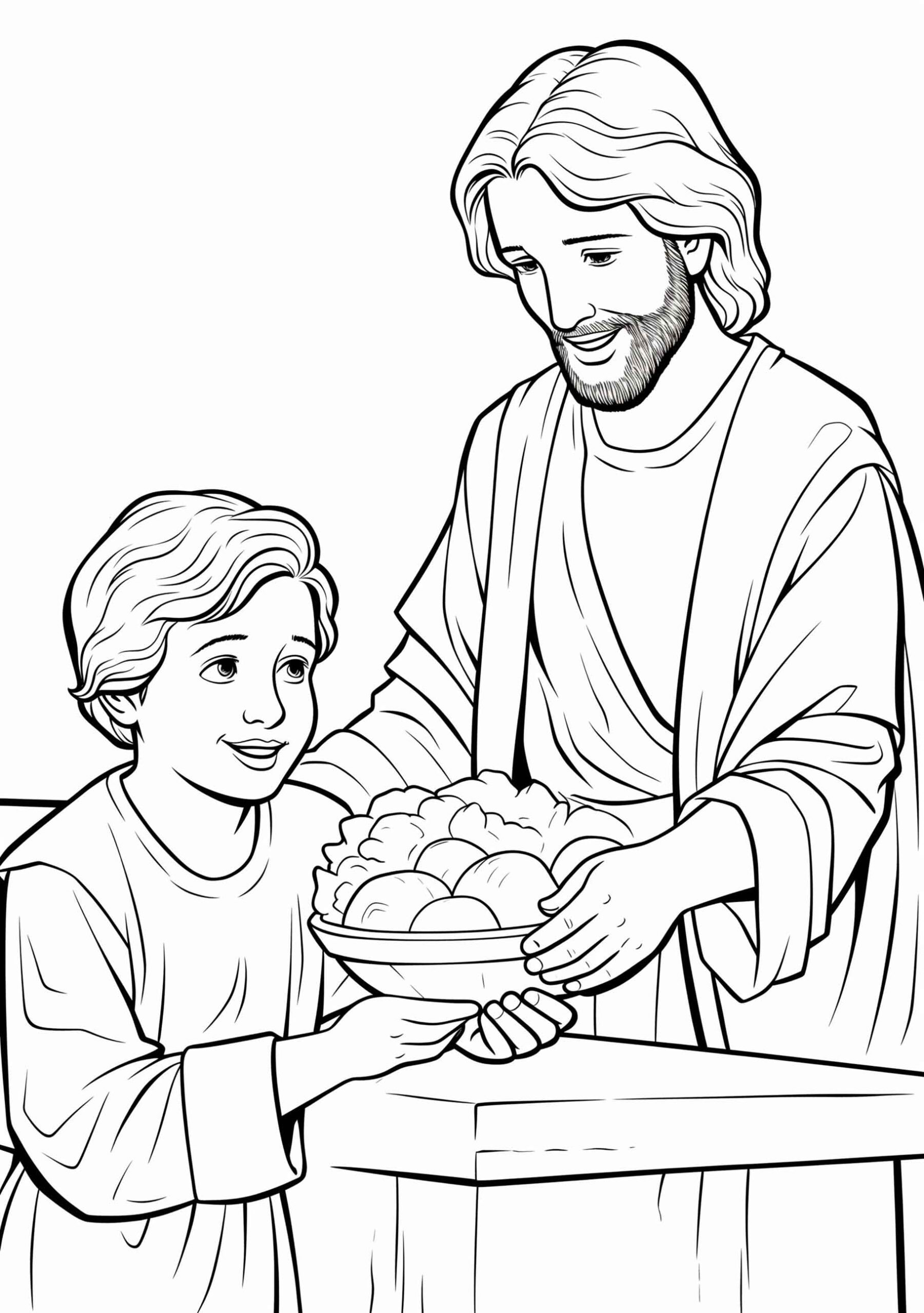 Jesus giving bread to a child in a Jesus Feeds 5000 coloring page