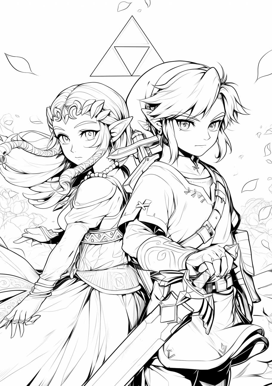 Black and white line art featuring a detailed portrayal of a princess and a hero with a fantasy emblem, designed for coloring.