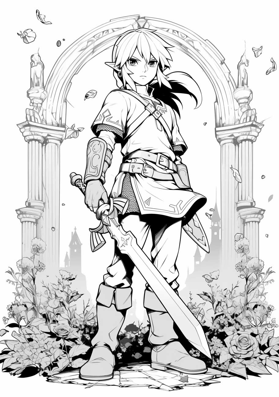 Black and white drawing of a young warrior with a sword standing amidst ruins and foliage, ready for coloring.
