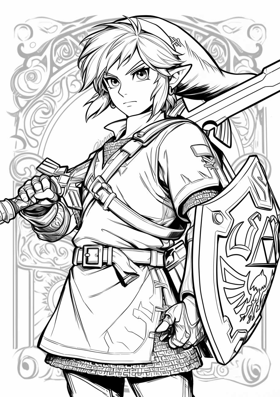 Heroic figure with sword and shield in a dynamic pose, surrounded by ornate patterns, presented in black and white for coloring.