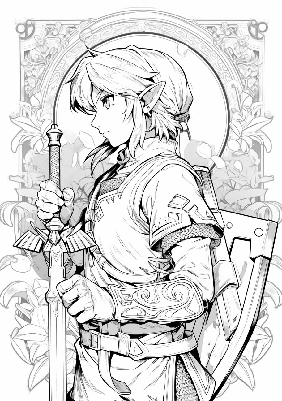 Line art of a pensive elf warrior with sword and shield, set against a decorative backdrop, awaiting coloring.