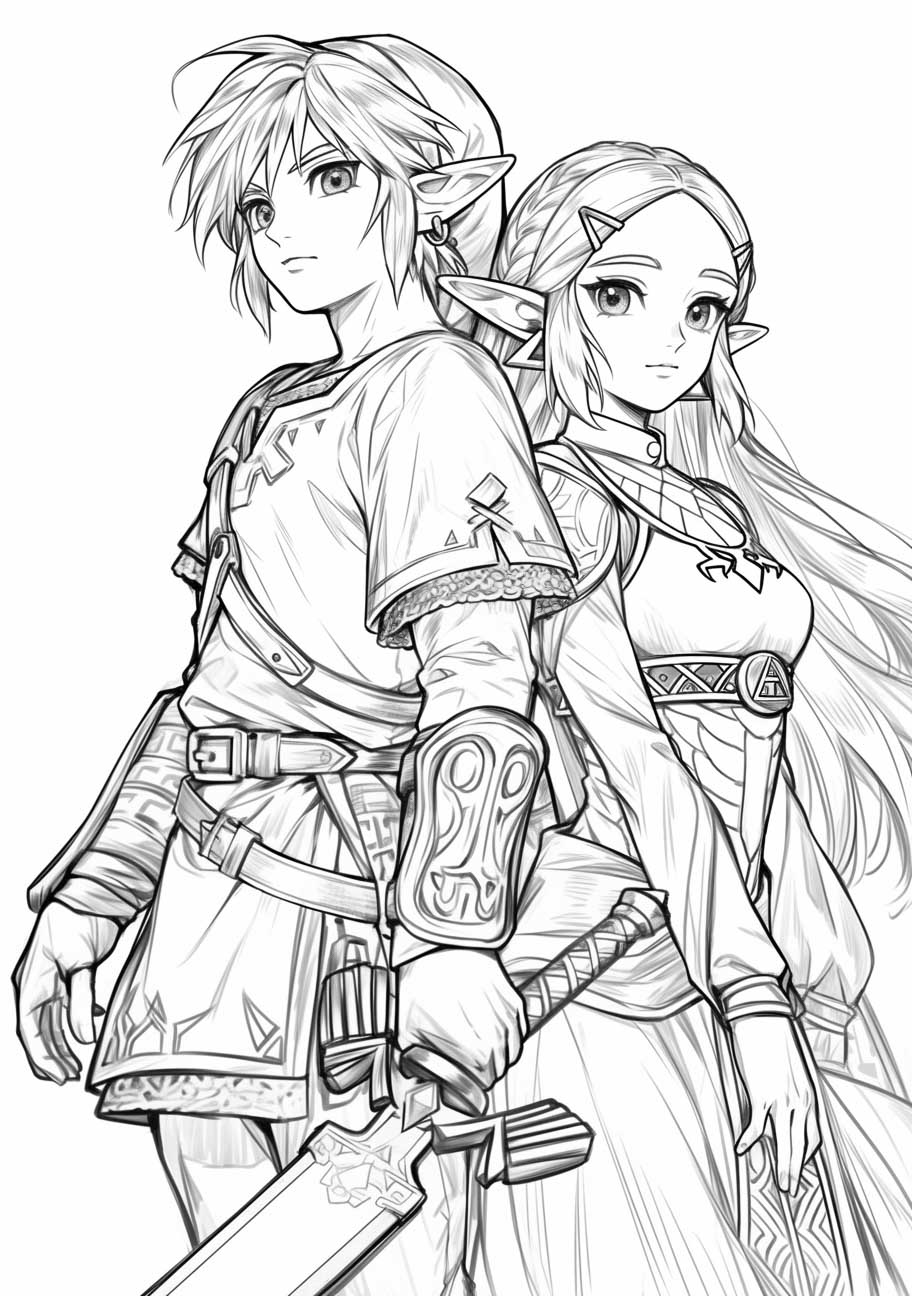 Black and white sketch of a male and female elfin duo in a heroic stance, designed for coloring.