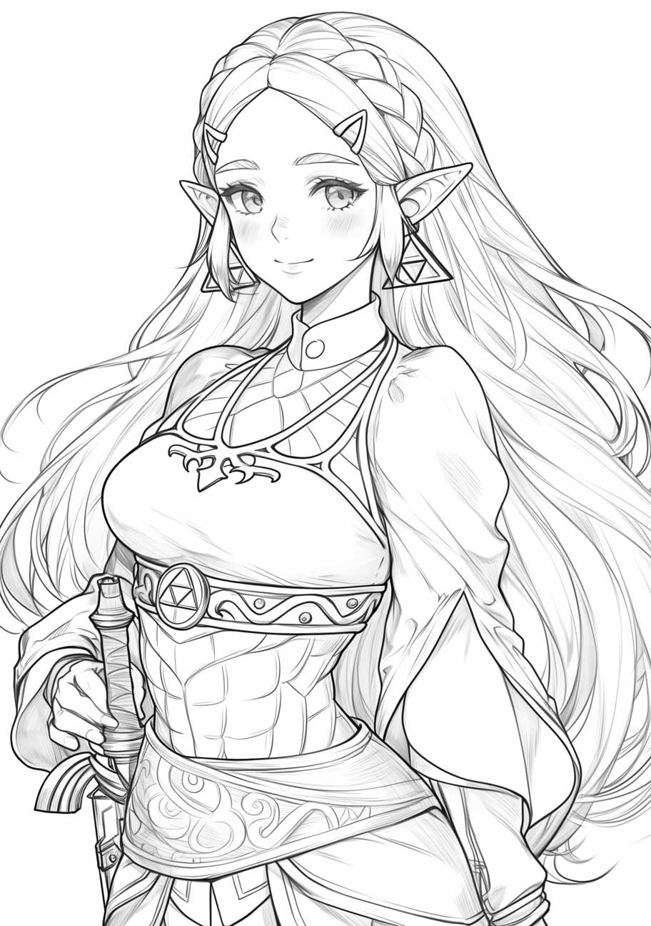 Graceful elfin princess with intricate attire and long flowing hair in a black and white illustration for coloring.