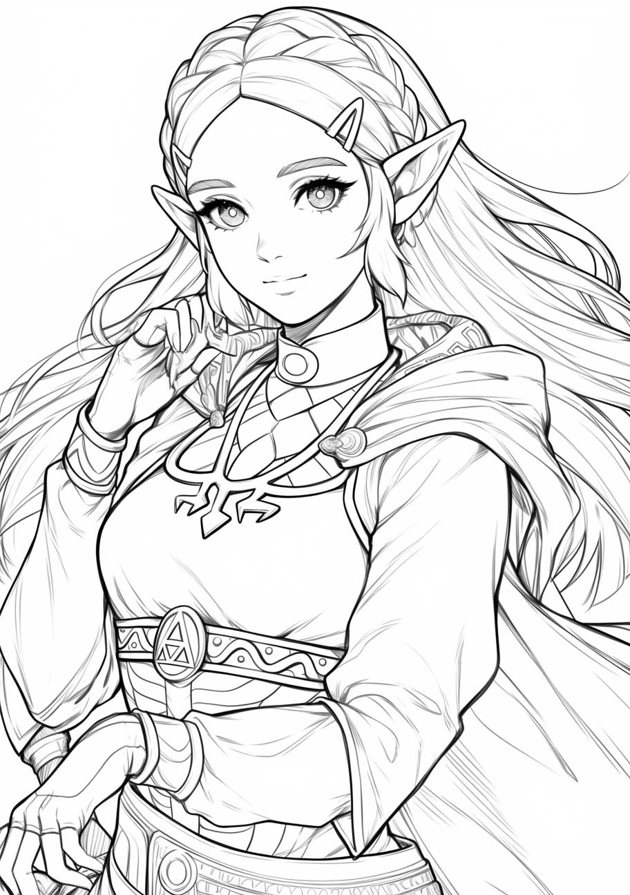 A captivating black and white portrait of a regal elfin lady with a thoughtful expression, ready for coloring.