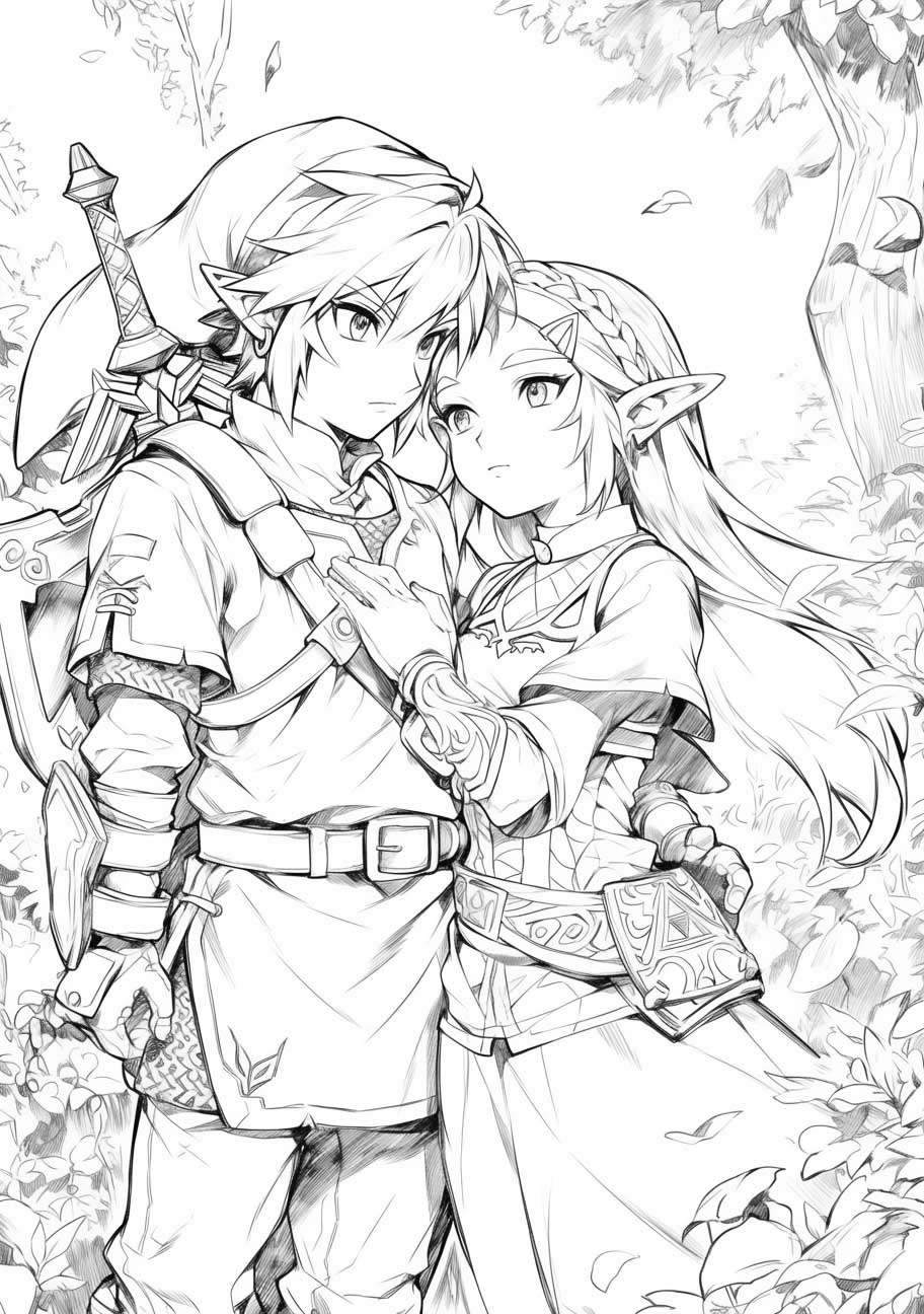 Intimate black and white line art of an elfin warrior and princess in a forest setting, perfect for coloring.