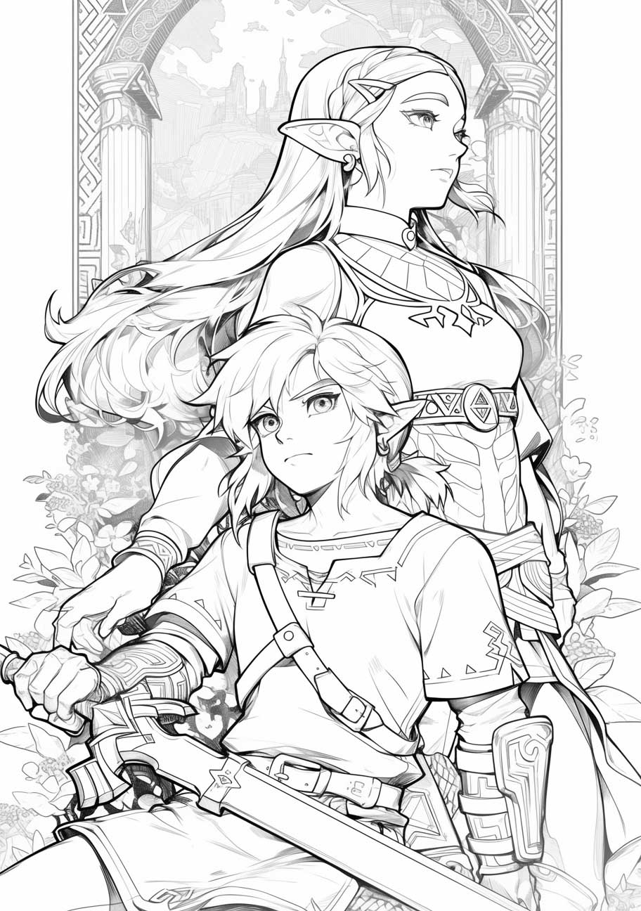 Intricate black and white line art of a warrior and a princess before an elaborate backdrop, ideal for a coloring challenge.
