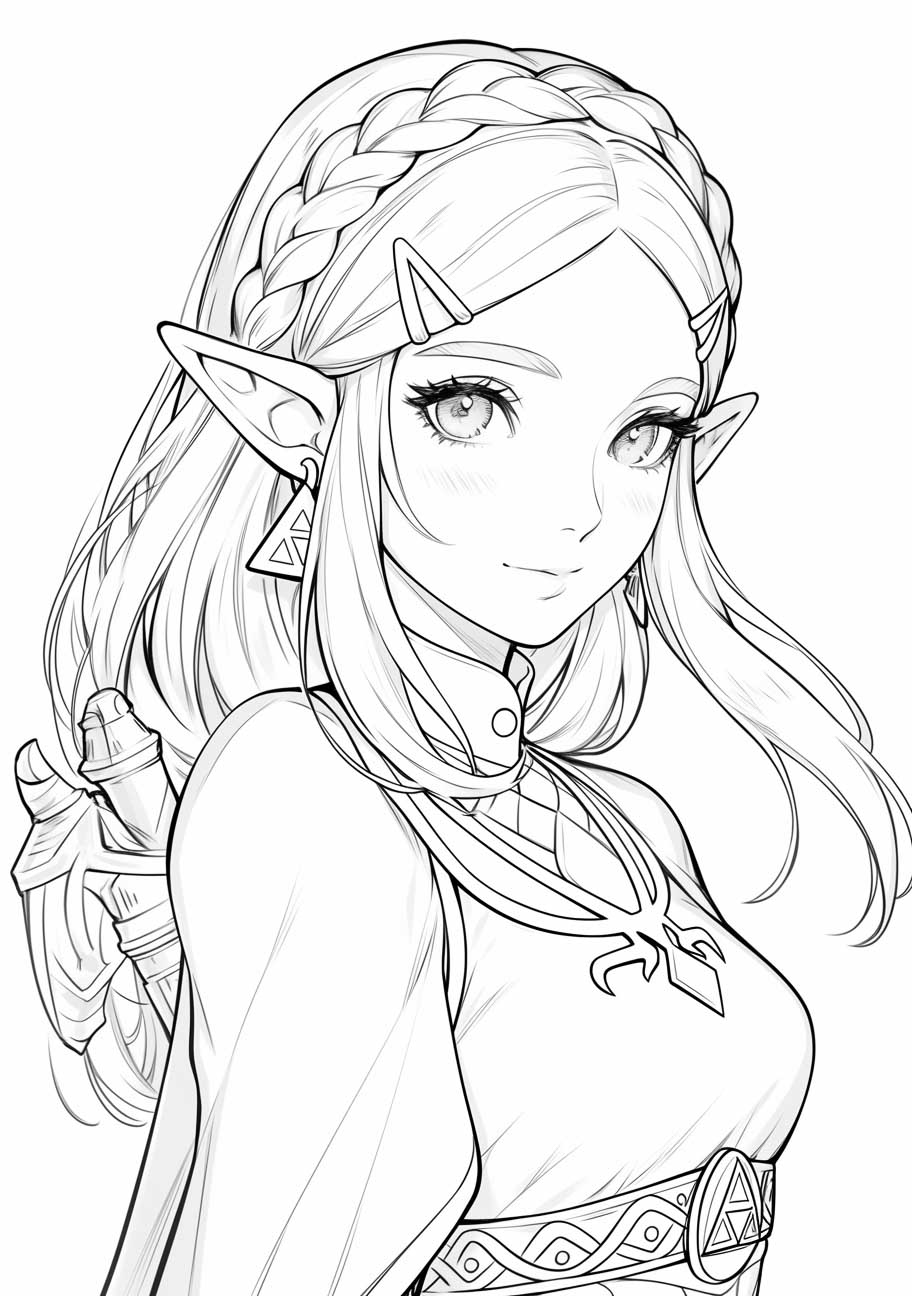 Black and white illustration of a fantasy princess with pointed ears and braided hair, suitable for coloring, in a style inspired by popular fantasy video games.