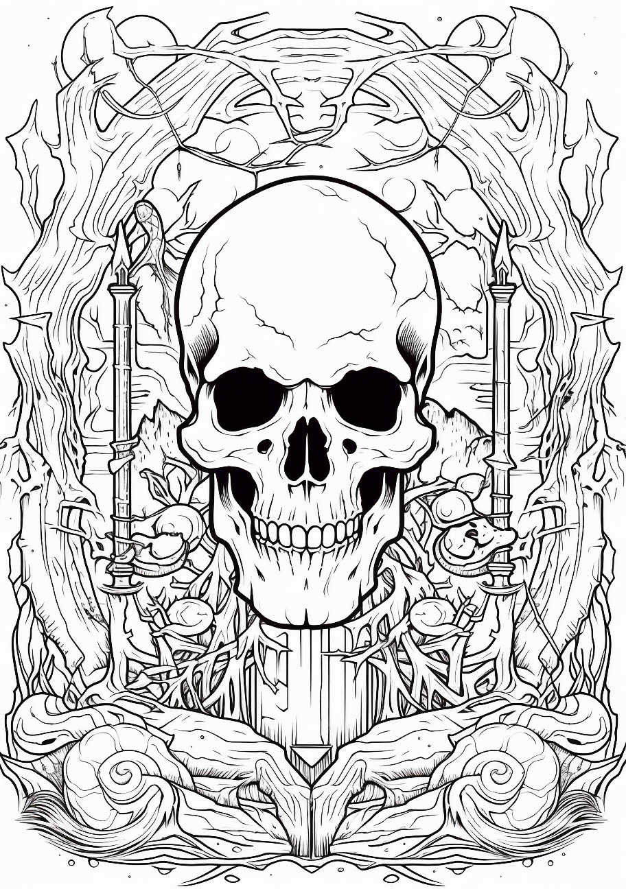 A foreboding Halloween-themed line drawing featuring a large central skull, intricate patterns, and macabre symbols including candles and serpents.