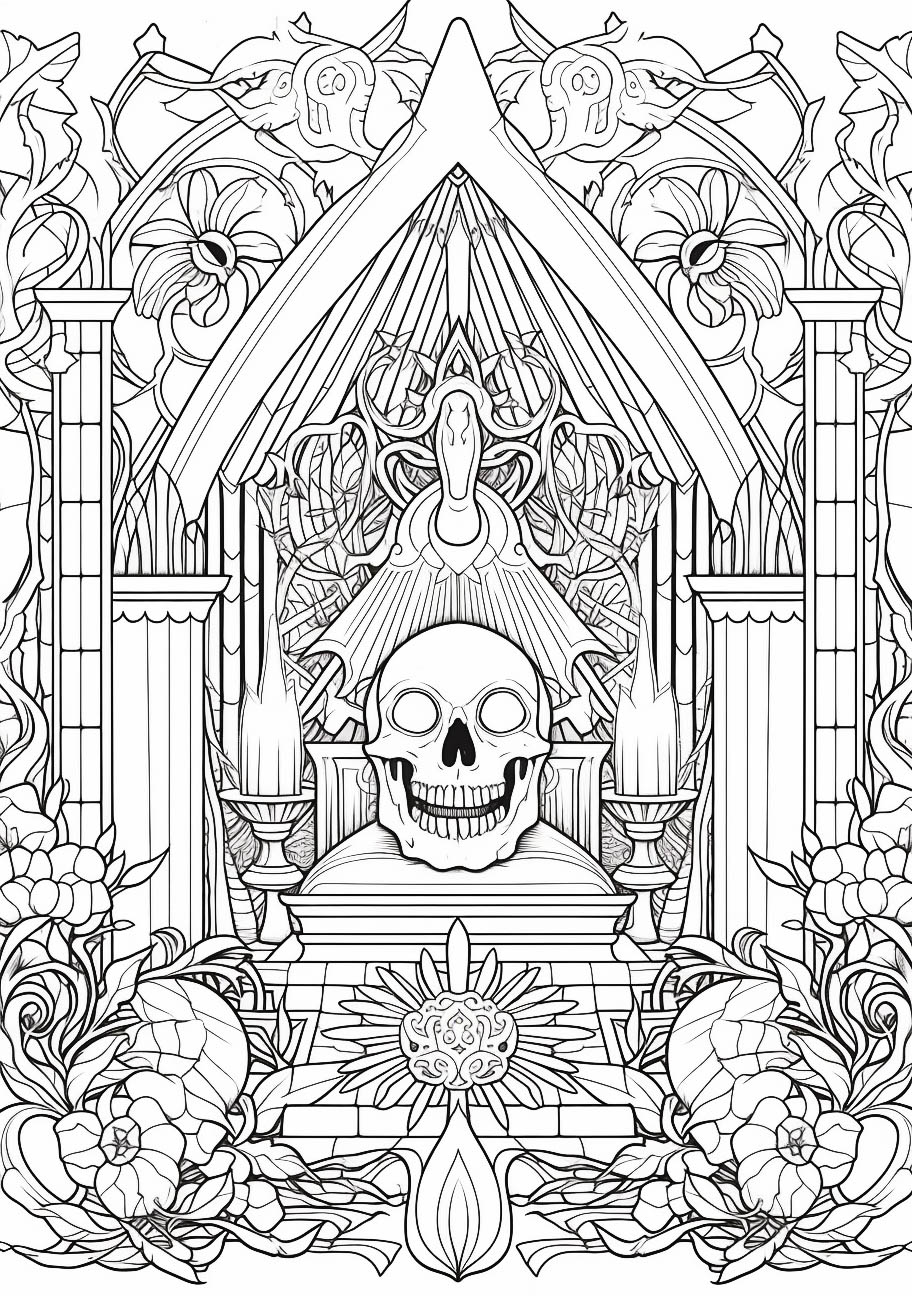 A detailed Gothic-style line drawing featuring a central skull motif within an ornate archway, flanked by columns and adorned with intricate floral designs.