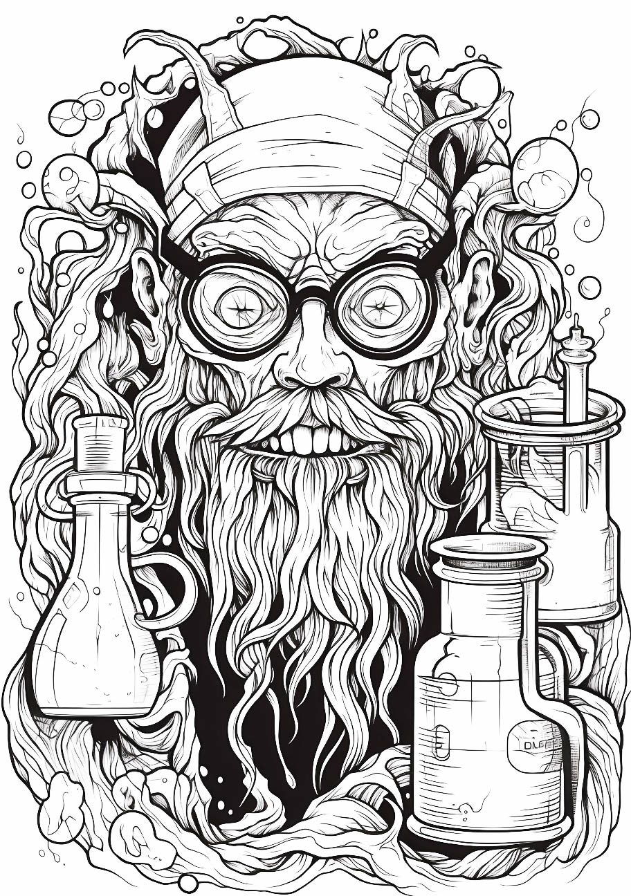 An intricate black and white line drawing of a whimsical old scientist with flowing hair and beard, surrounded by bubbles and laboratory equipment.