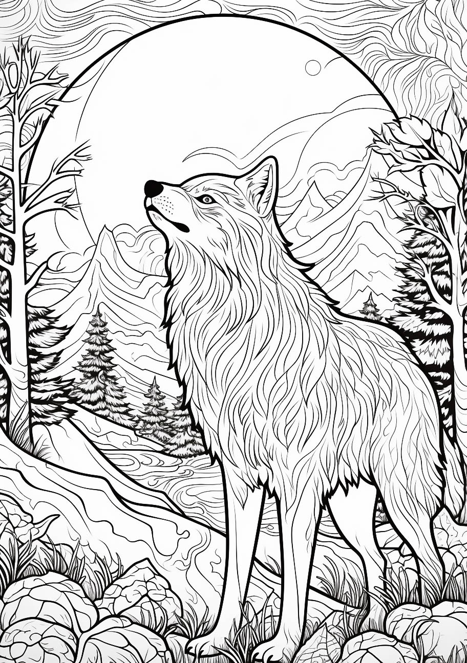 A majestic wolf stands in a wild forest landscape with a full moon and swirling clouds in the background, creating a mystical scene perfect for Halloween coloring.