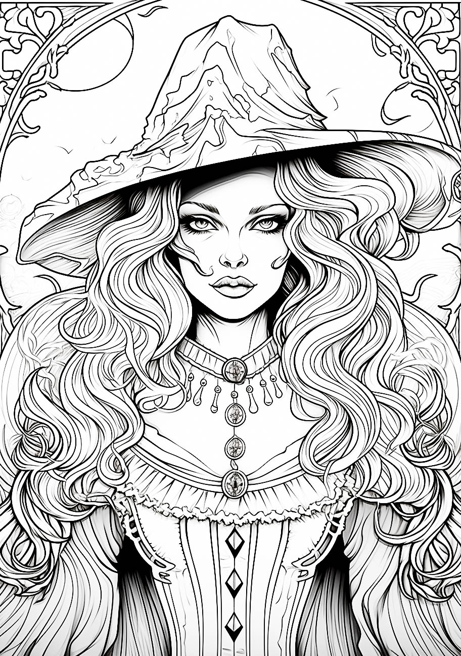 An intricate Halloween-themed adult coloring page featuring a woman in a witch's hat with detailed patterns and a mountain in the background.