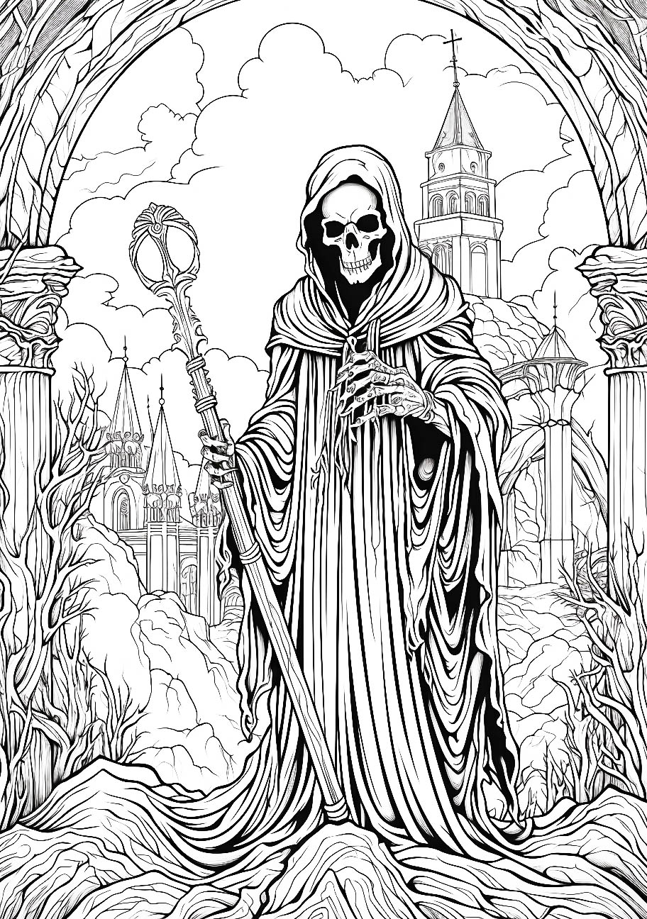 An imposing cloaked figure wielding a staff, with a skull face, stands before an eerie Gothic landscape with twisted trees and an ancient church in the background.