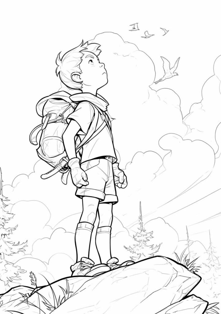 A child adventurer gazes up at the sky on a mountaintop, representing adventure coloring pages.