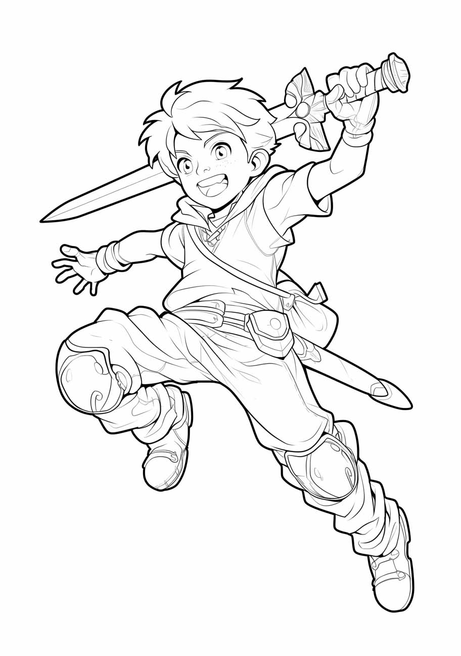 A young adventurer with a backpack and sword, mid-leap into an action stance, embodies the spirit of adventure coloring pages.