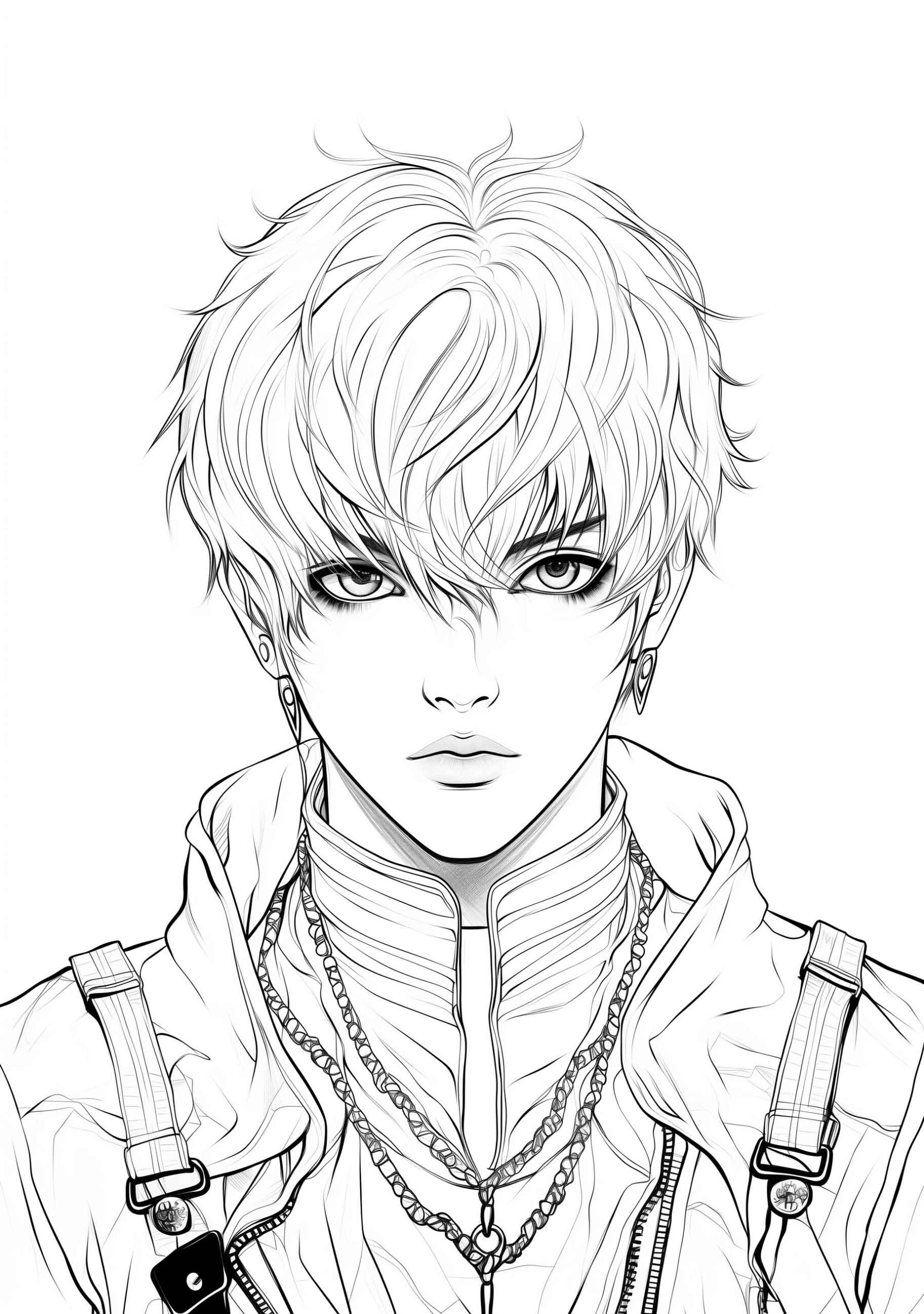 Detailed line art of a male manga character with intense gaze and stylish attire.