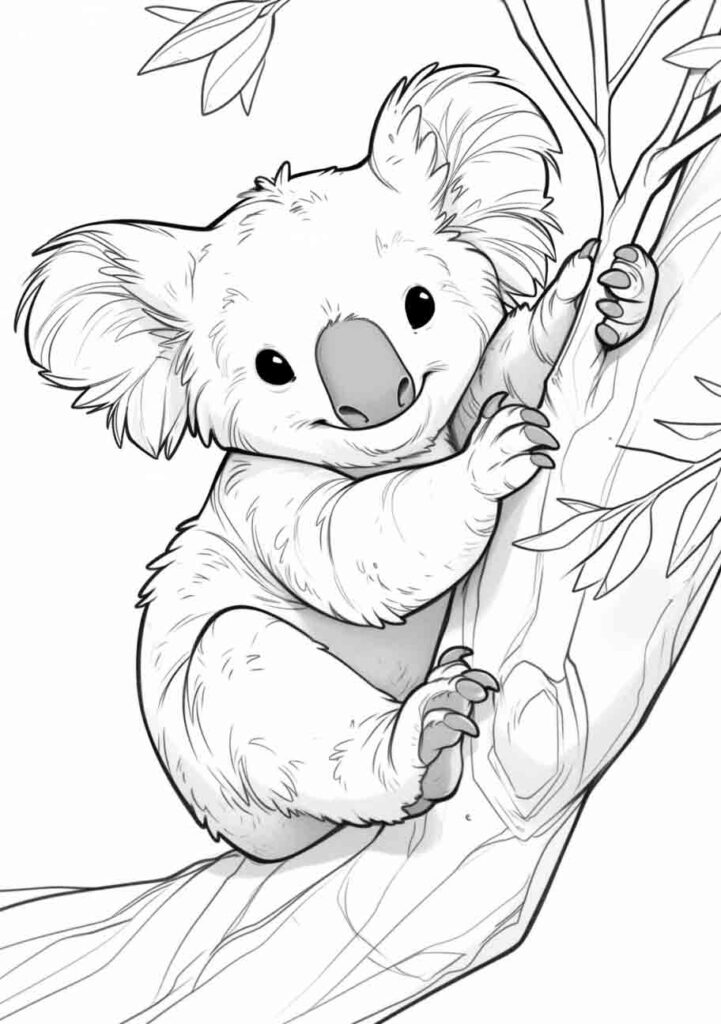 A playful koala clinging to a branch, ready to be brought to life with colors.