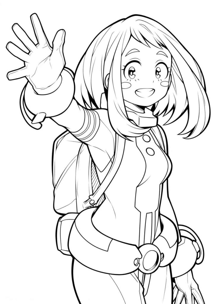Coloring page featuring Uravity from My Hero Academia, depicted with a joyful expression and waving, ready for coloring.