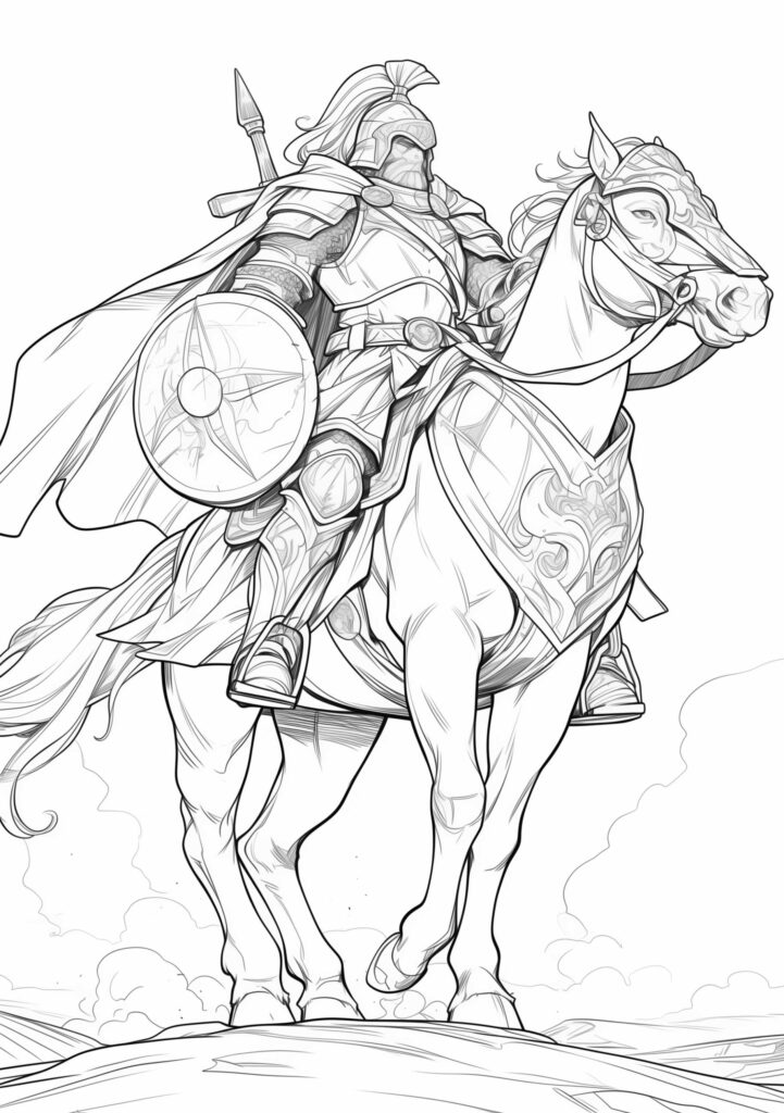 Coloring page of a Paladin in full armor on a horse, portrayed in a heroic stance with detailed medieval armor and decorations.