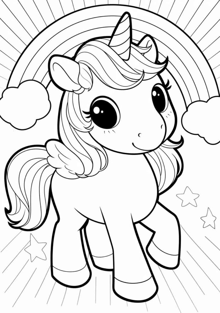 Adorable unicorn under a rainbow, ideal for coloring pages, with large eyes and a flowing mane.